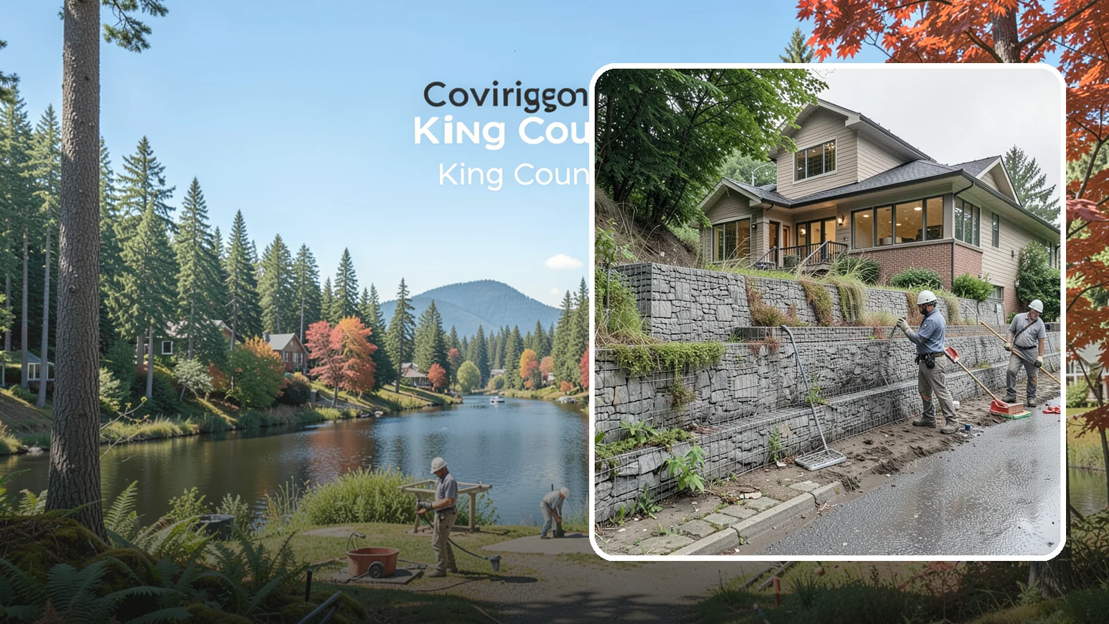 Gabion Retaining Wall in Covington, King County, WA - Filling wire cages with stone to create a permeable, flexible retaining wall well suited to wet, shifting soils.