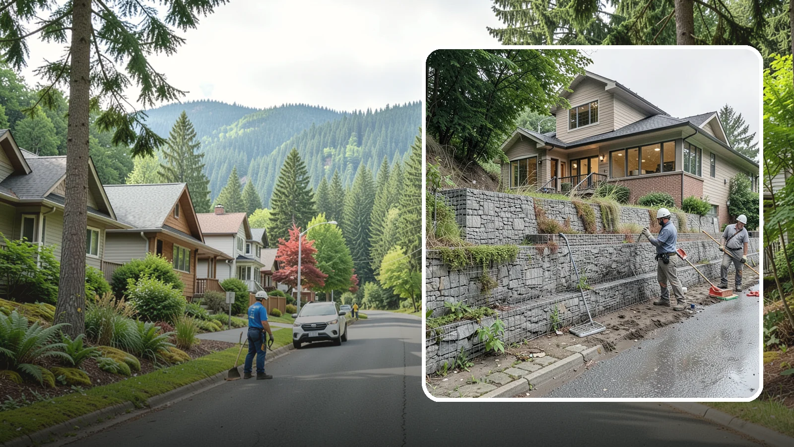 Gabion Retaining Wall in Darrington, Snohomish County, WA - Filling wire cages with stone to create a permeable, flexible retaining wall well suited to wet, shifting soils.