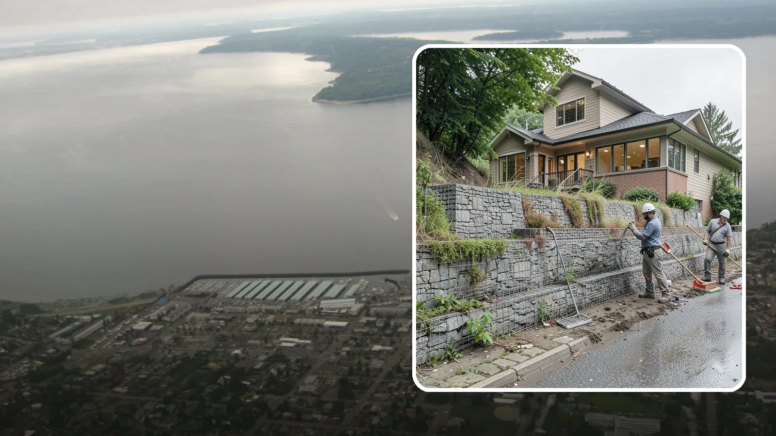 Gabion Retaining Wall in Des Moines, King County, WA - Filling wire cages with stone to create a permeable, flexible retaining wall well suited to wet, shifting soils.