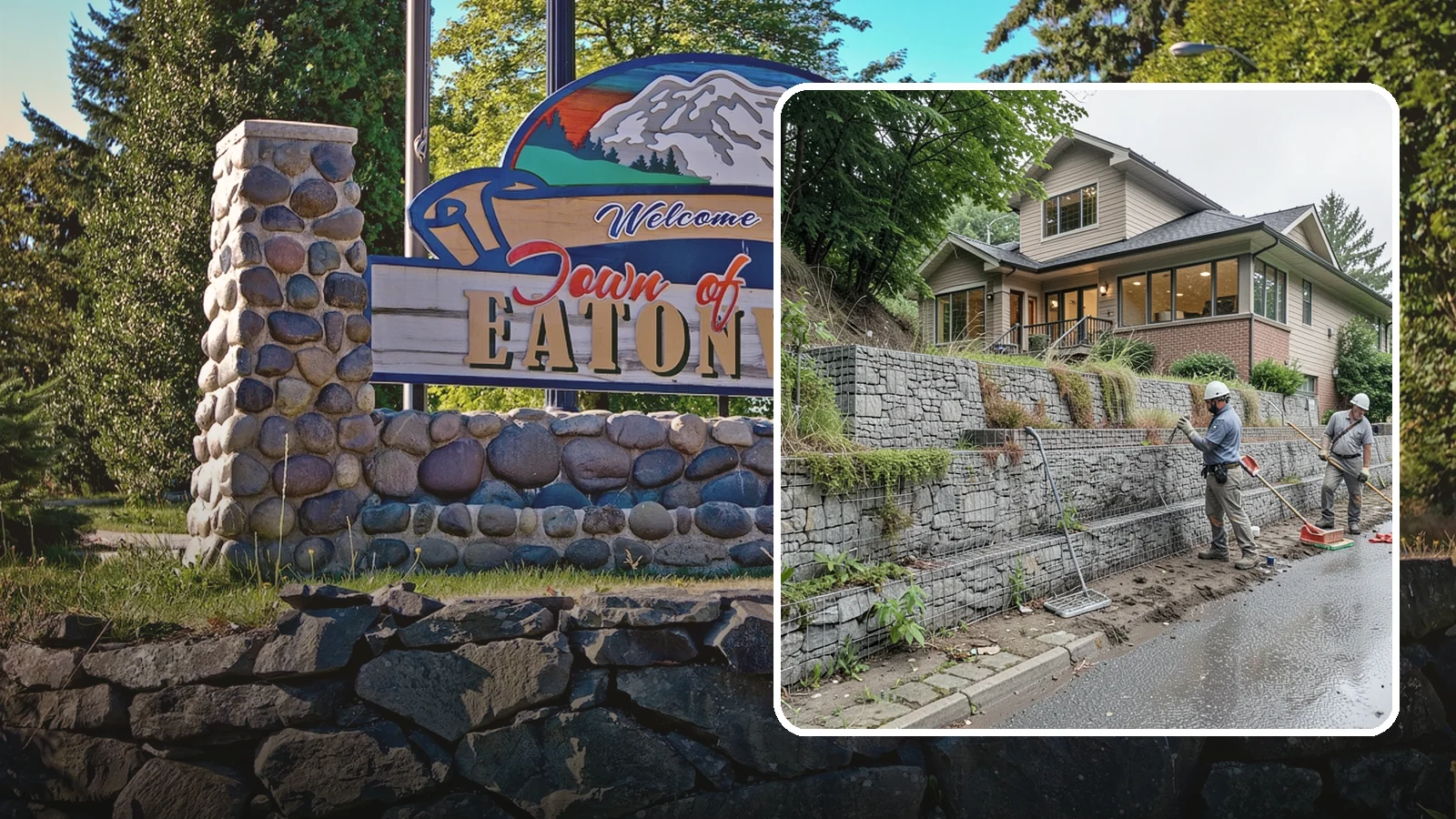 Gabion Retaining Wall in Eatonville, Pierce County, WA - Filling wire cages with stone to create a permeable, flexible retaining wall well suited to wet, shifting soils.