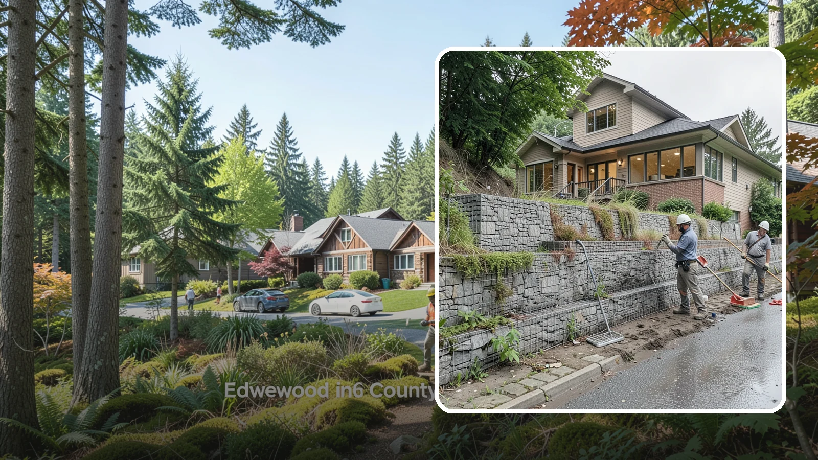 Gabion Retaining Wall in Edgewood, Pierce County, WA - Filling wire cages with stone to create a permeable, flexible retaining wall well suited to wet, shifting soils.