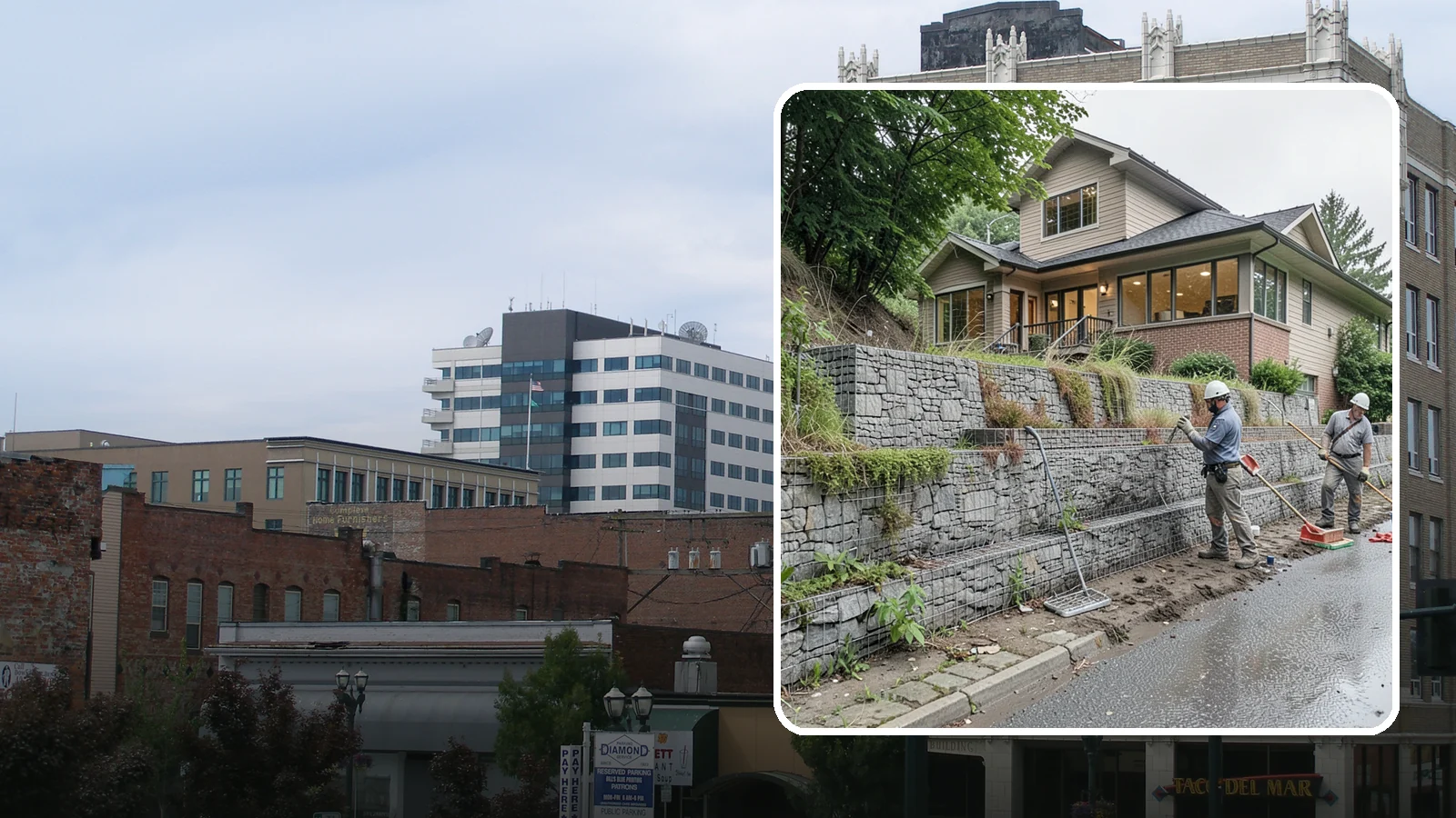Gabion Retaining Wall in Everett, Snohomish County, WA - Filling wire cages with stone to create a permeable, flexible retaining wall well suited to wet, shifting soils.