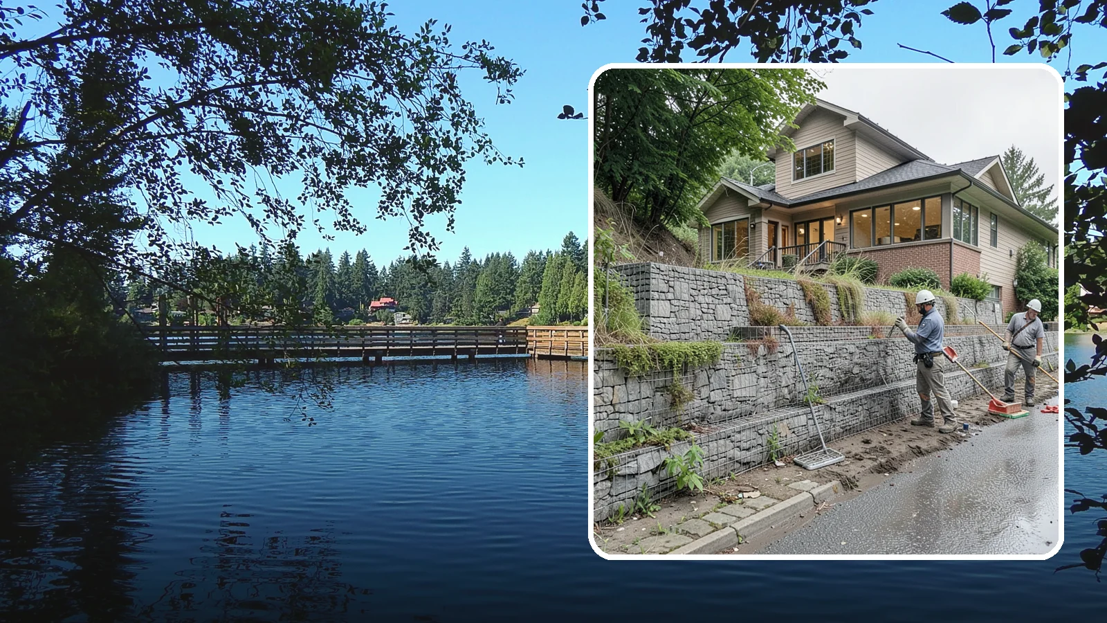 Gabion Retaining Wall in Federal Way, King County, WA - Filling wire cages with stone to create a permeable, flexible retaining wall well suited to wet, shifting soils.