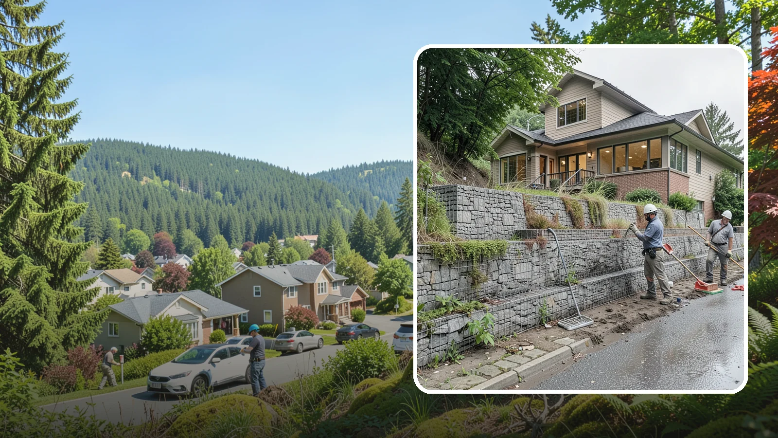 Gabion Retaining Wall in Index, Snohomish County, WA - Filling wire cages with stone to create a permeable, flexible retaining wall well suited to wet, shifting soils.