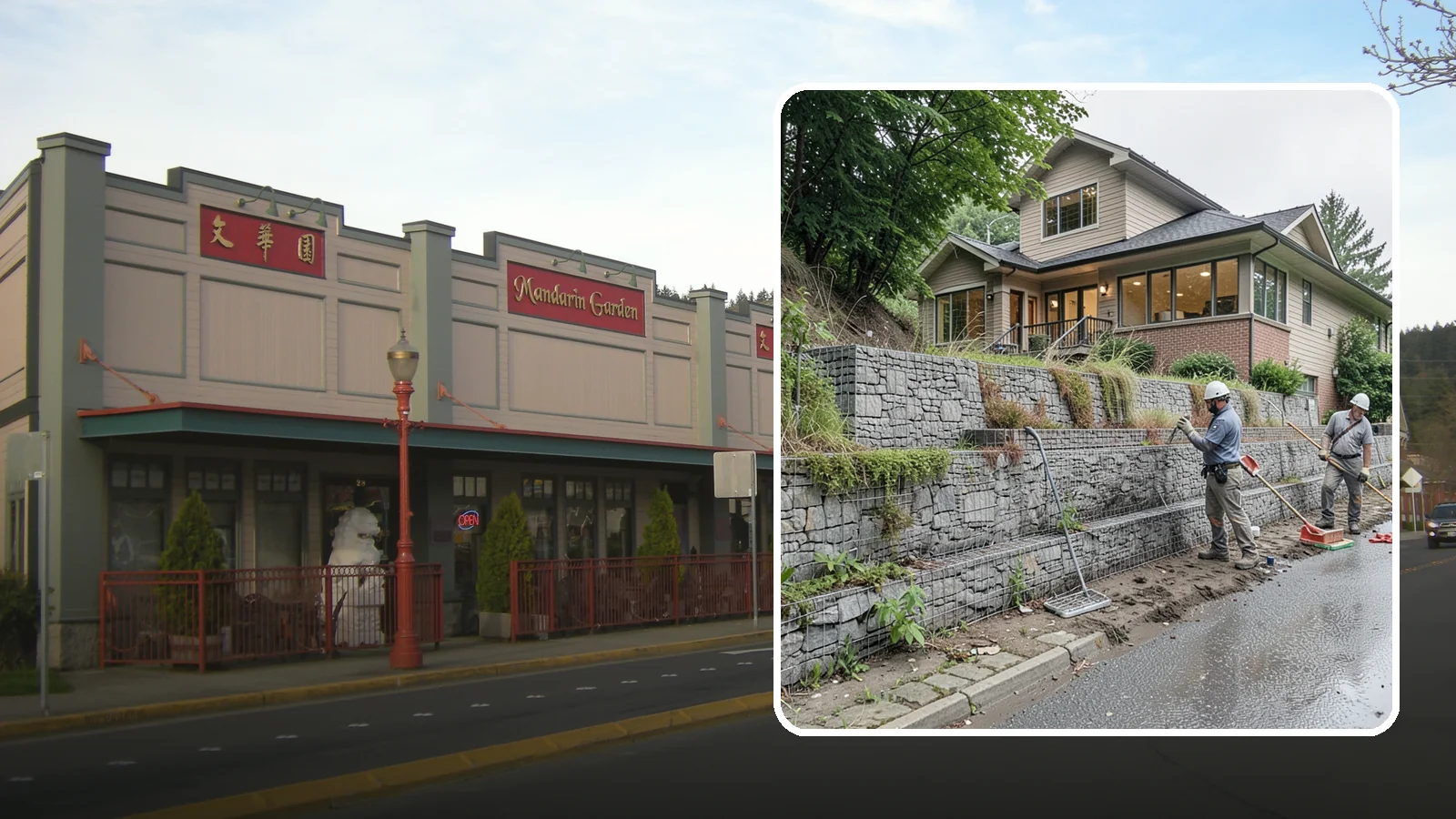 Gabion Retaining Wall in Issaquah, King County, WA - Filling wire cages with stone to create a permeable, flexible retaining wall well suited to wet, shifting soils.