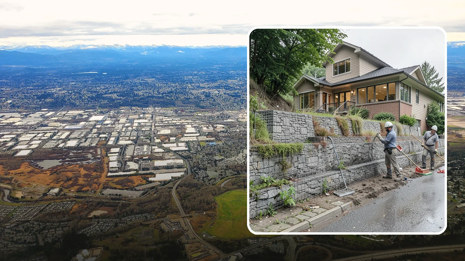 Gabion Retaining Wall in Kent, King County, WA - Filling wire cages with stone to create a permeable, flexible retaining wall well suited to wet, shifting soils.