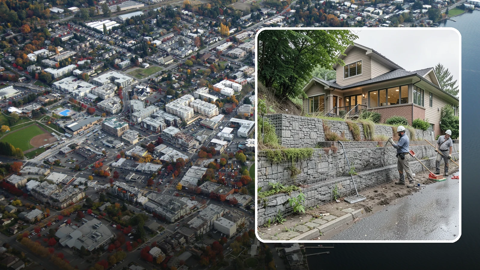 Gabion Retaining Wall in Kirkland, King County, WA - Filling wire cages with stone to create a permeable, flexible retaining wall well suited to wet, shifting soils.