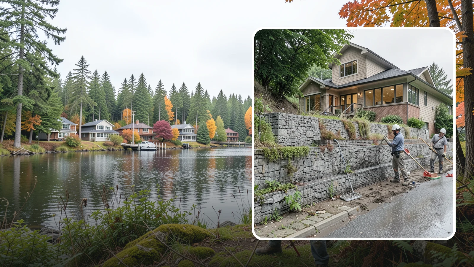 Gabion Retaining Wall in La Conner, Skagit County, WA - Filling wire cages with stone to create a permeable, flexible retaining wall well suited to wet, shifting soils.