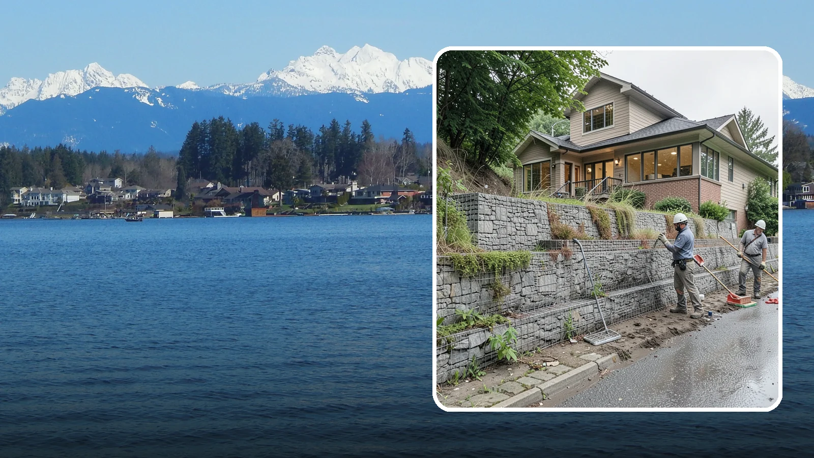 Gabion Retaining Wall in Lake Stevens, Snohomish County, WA - Filling wire cages with stone to create a permeable, flexible retaining wall well suited to wet, shifting soils.