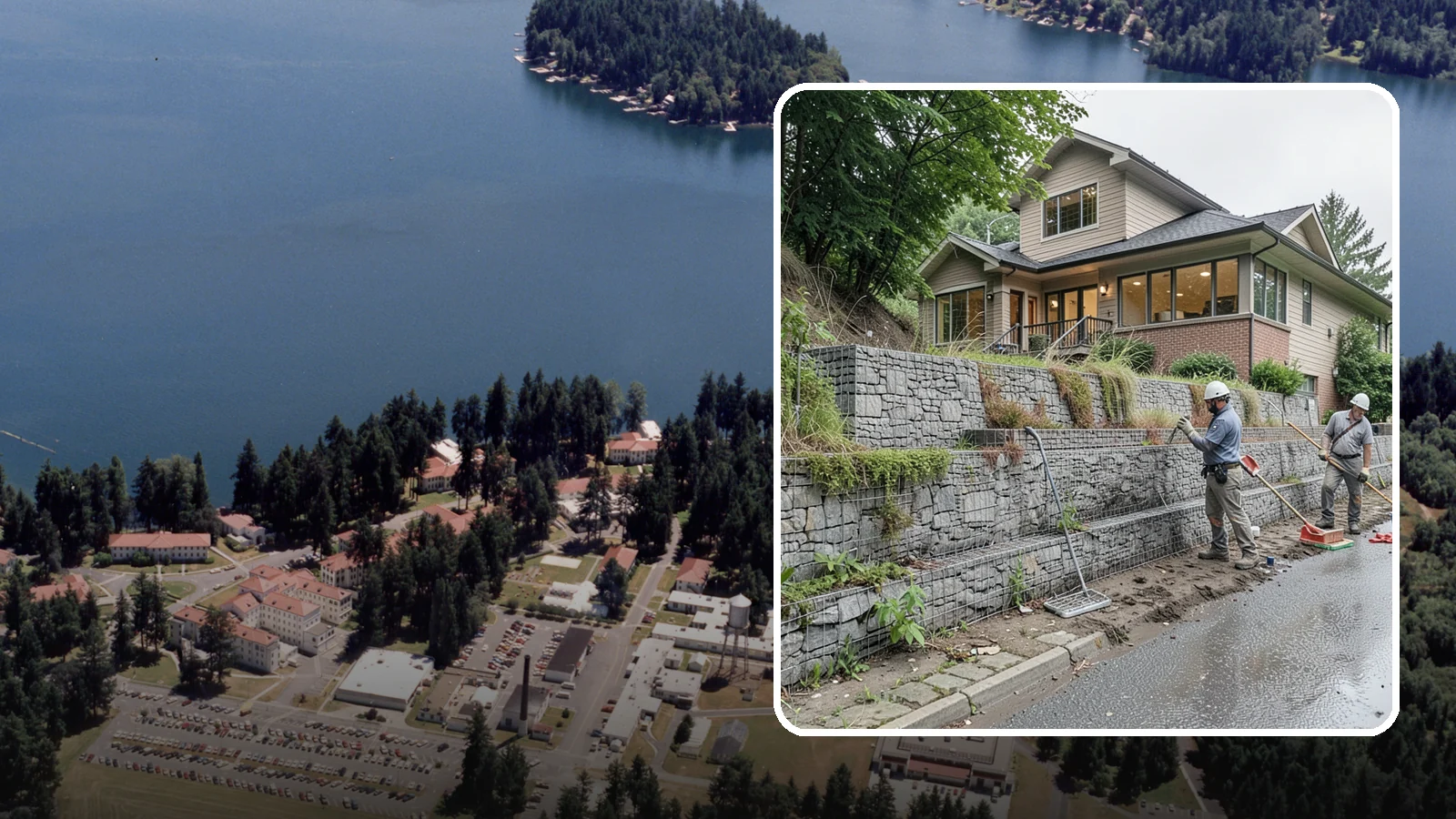 Gabion Retaining Wall in Lakewood, Pierce County, WA - Filling wire cages with stone to create a permeable, flexible retaining wall well suited to wet, shifting soils.
