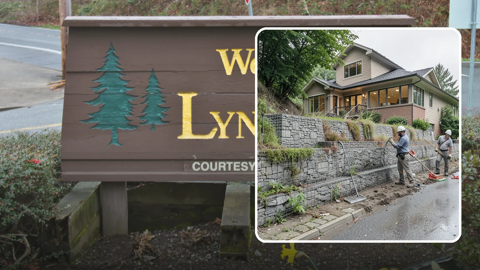 Gabion Retaining Wall in Lynnwood, Snohomish County, WA - Filling wire cages with stone to create a permeable, flexible retaining wall well suited to wet, shifting soils.