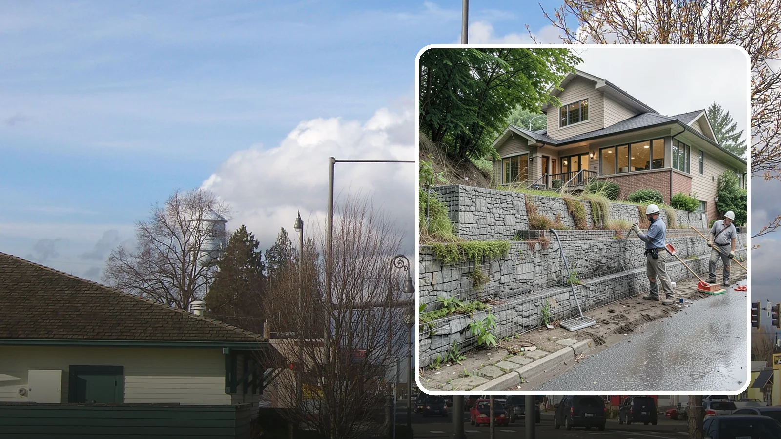 Gabion Retaining Wall in Marysville, Snohomish County, WA - Filling wire cages with stone to create a permeable, flexible retaining wall well suited to wet, shifting soils.