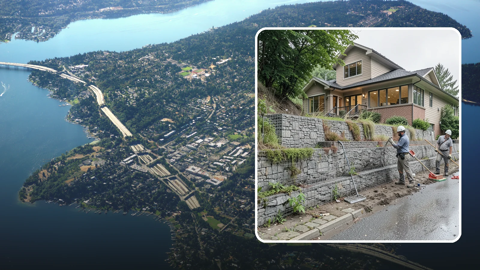 Gabion Retaining Wall in Mercer Island, King County, WA - Filling wire cages with stone to create a permeable, flexible retaining wall well suited to wet, shifting soils.