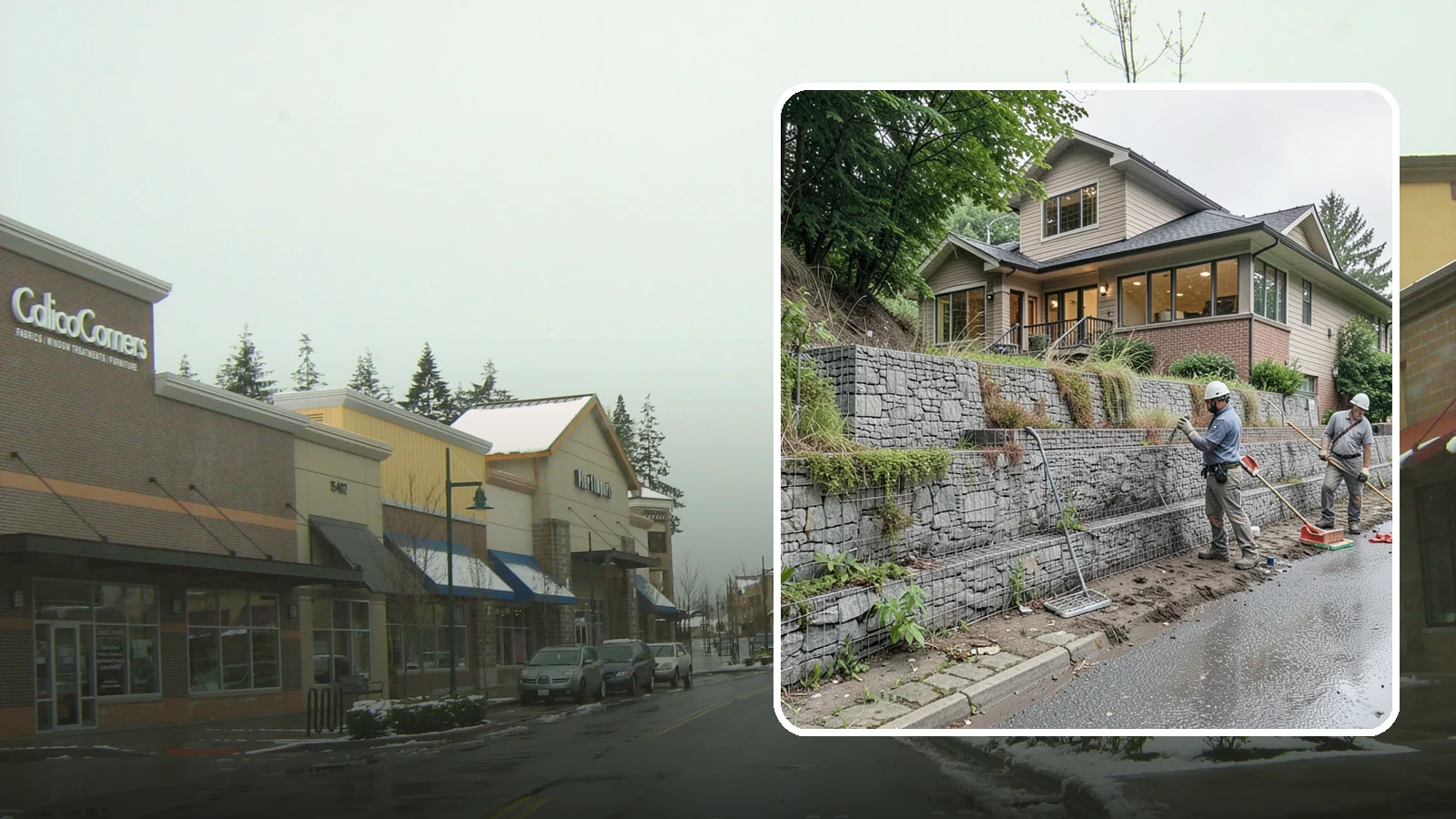 Gabion Retaining Wall in Mill Creek, Snohomish County, WA - Filling wire cages with stone to create a permeable, flexible retaining wall well suited to wet, shifting soils.