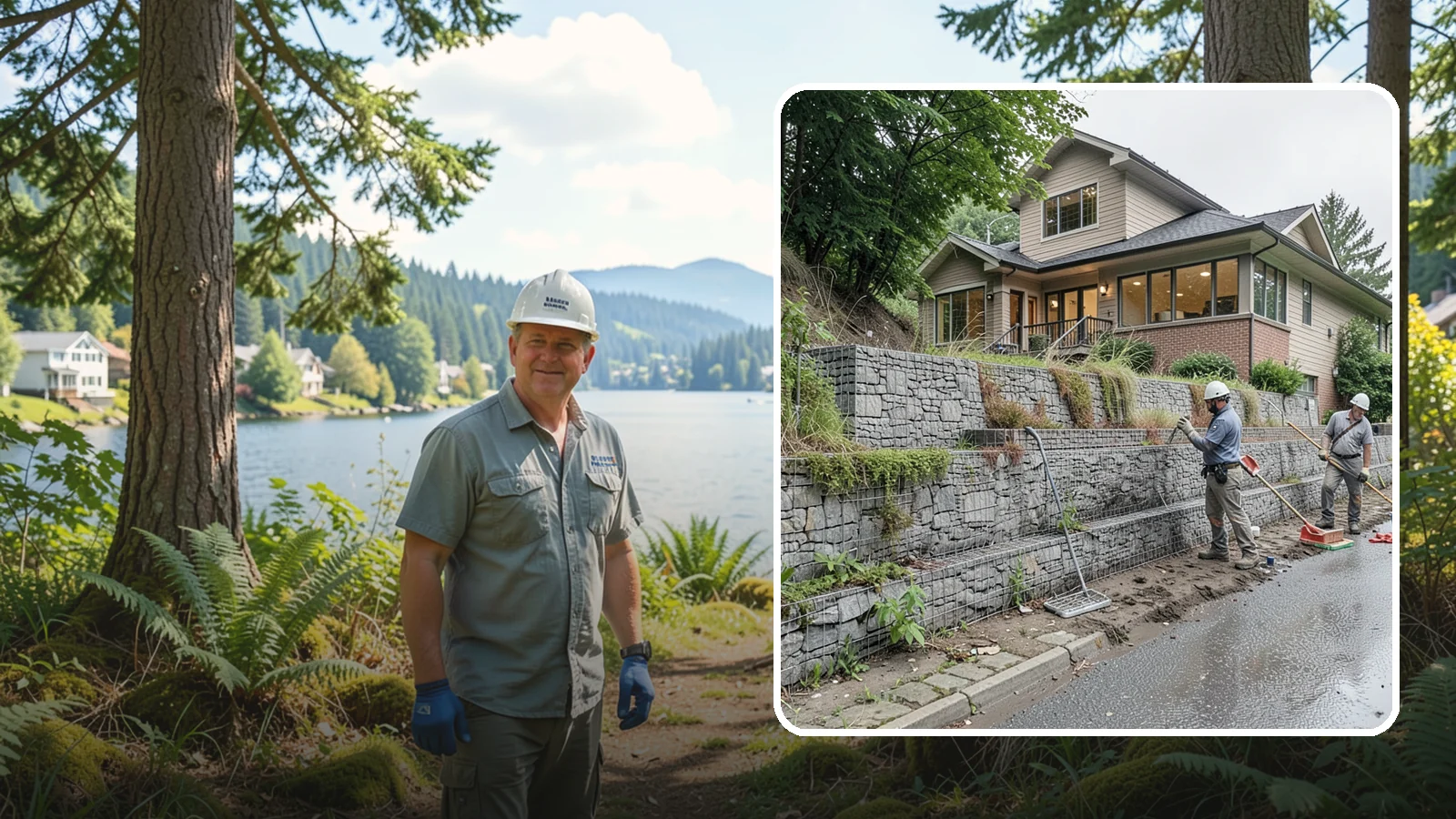 Gabion Retaining Wall in Milton, King County, WA - Filling wire cages with stone to create a permeable, flexible retaining wall well suited to wet, shifting soils.