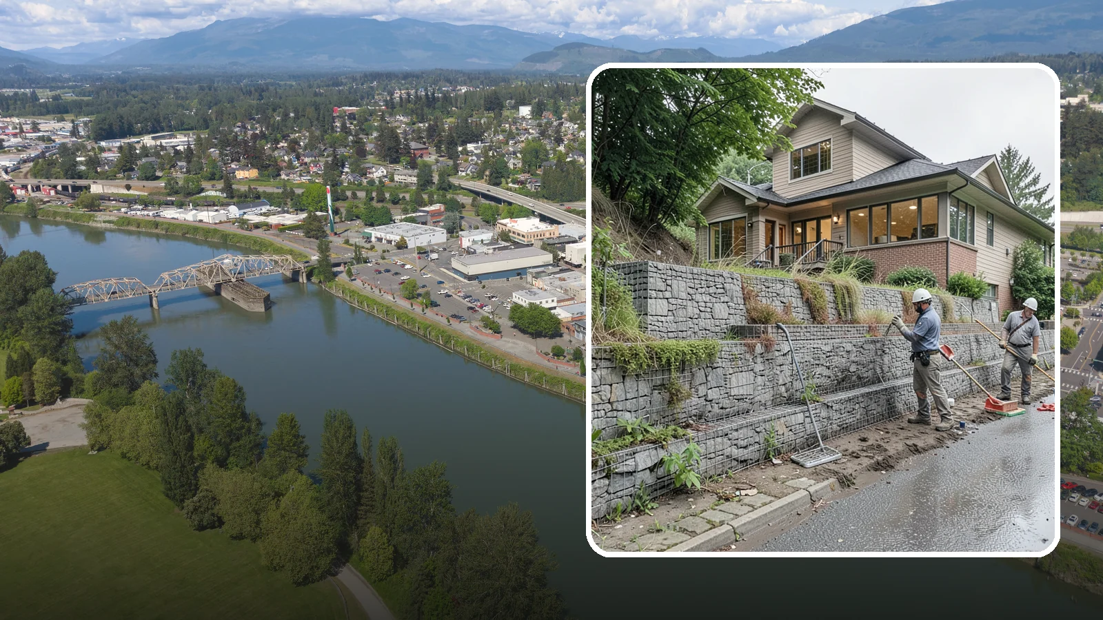 Gabion Retaining Wall in Mount Vernon, Skagit County, WA - Filling wire cages with stone to create a permeable, flexible retaining wall well suited to wet, shifting soils.
