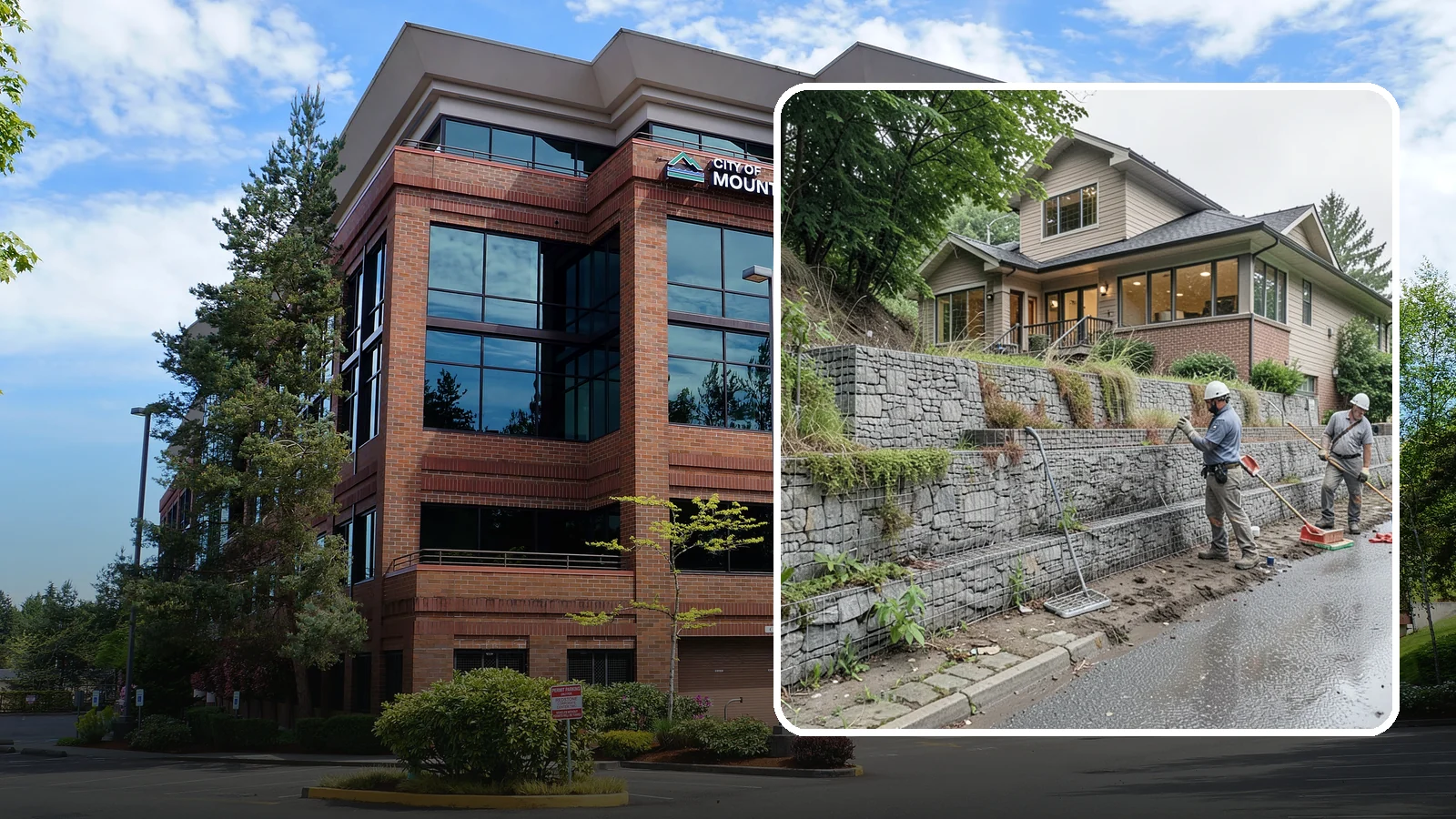 Gabion Retaining Wall in Mountlake Terrace, Snohomish County, WA - Filling wire cages with stone to create a permeable, flexible retaining wall well suited to wet, shifting soils.