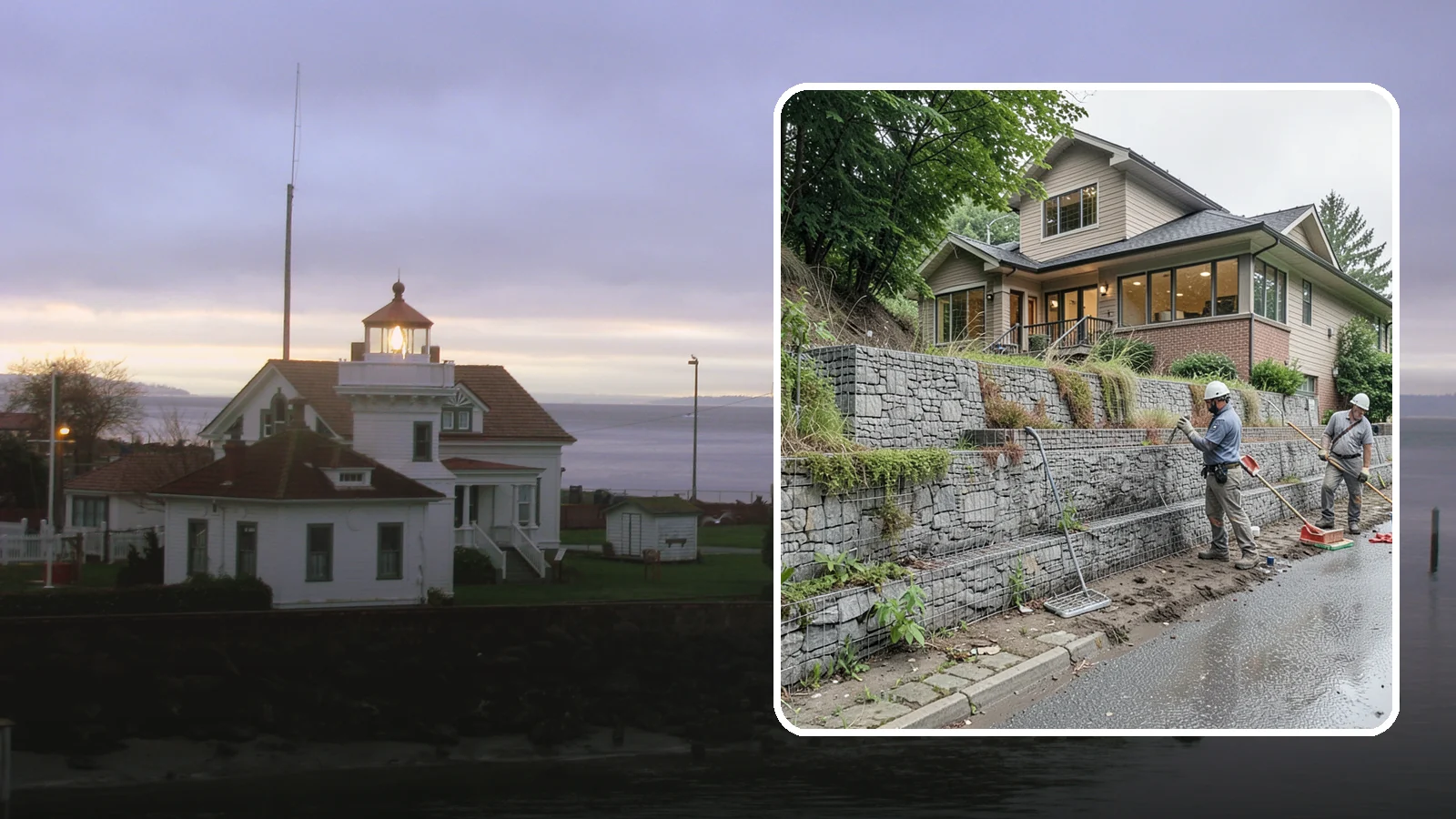 Gabion Retaining Wall in Mukilteo, Snohomish County, WA - Filling wire cages with stone to create a permeable, flexible retaining wall well suited to wet, shifting soils.