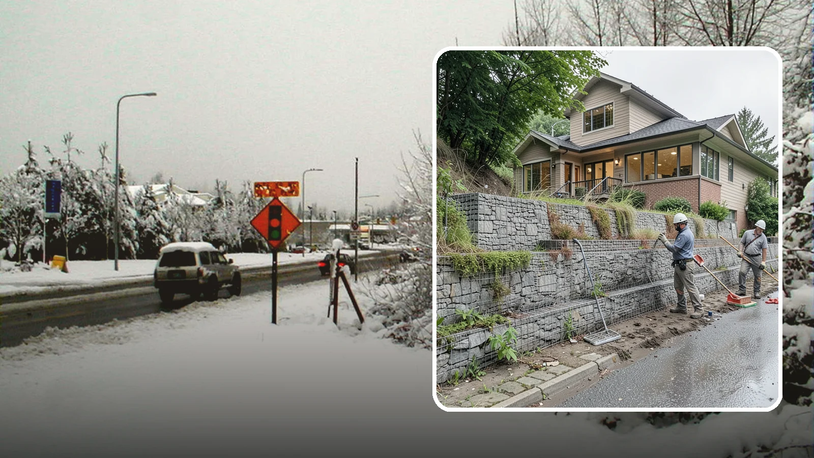 Gabion Retaining Wall in Newcastle, King County, WA - Filling wire cages with stone to create a permeable, flexible retaining wall well suited to wet, shifting soils.