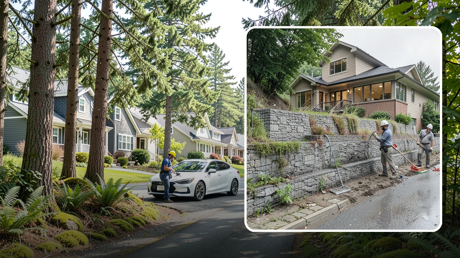 Gabion Retaining Wall in Normandy Park, King County, WA - Filling wire cages with stone to create a permeable, flexible retaining wall well suited to wet, shifting soils.