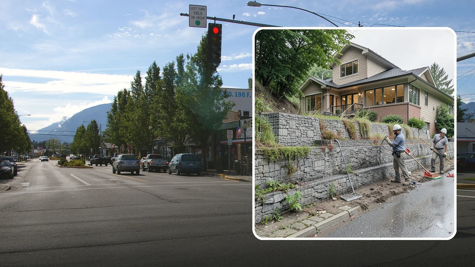 Gabion Retaining Wall in North Bend, King County, WA - Filling wire cages with stone to create a permeable, flexible retaining wall well suited to wet, shifting soils.