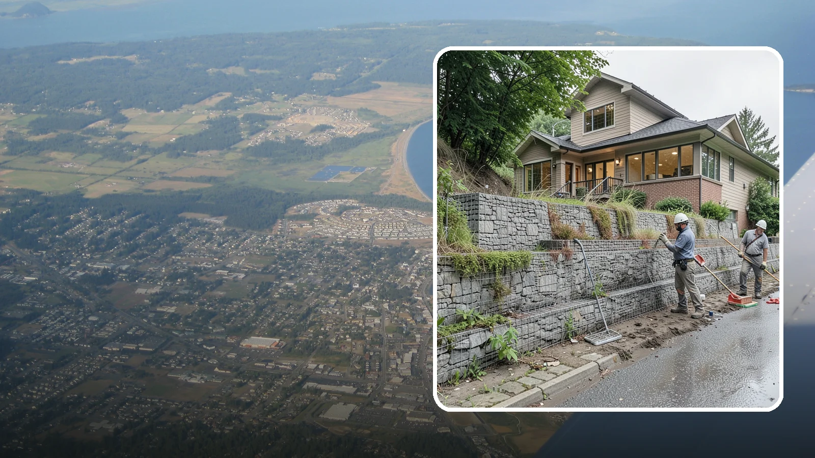 Gabion Retaining Wall in Oak Harbor, Island County, WA - Filling wire cages with stone to create a permeable, flexible retaining wall well suited to wet, shifting soils.