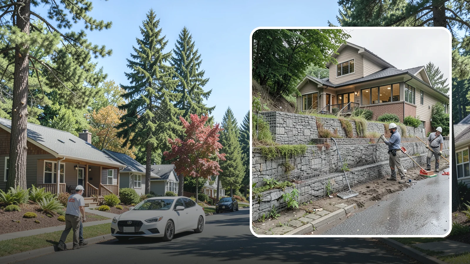 Gabion Retaining Wall in Orting, Pierce County, WA - Filling wire cages with stone to create a permeable, flexible retaining wall well suited to wet, shifting soils.