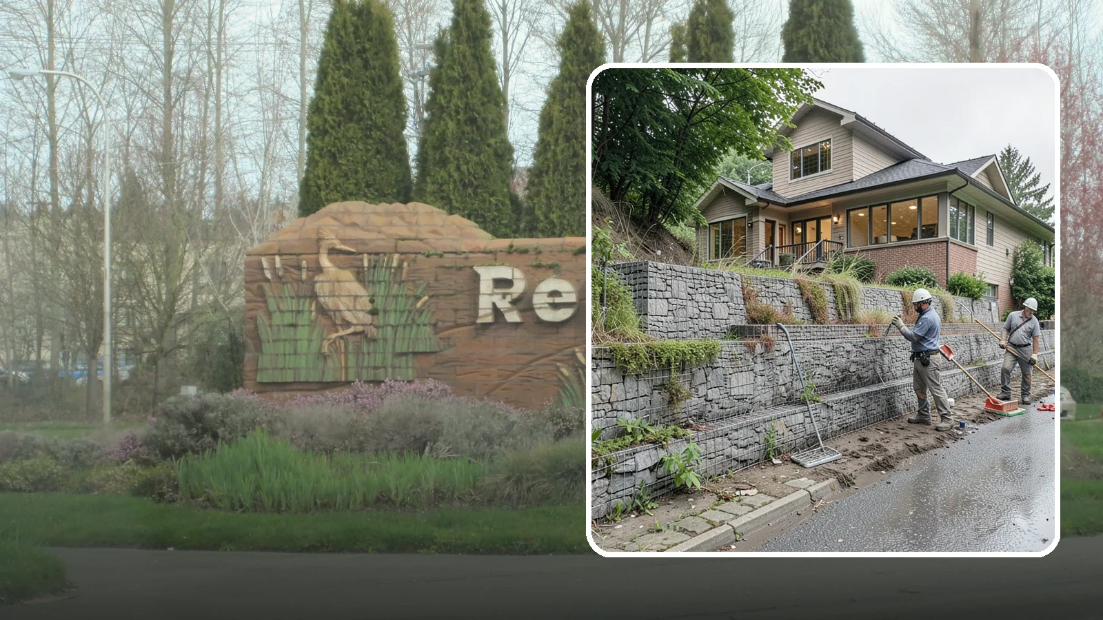 Gabion Retaining Wall in Renton, King County, WA - Filling wire cages with stone to create a permeable, flexible retaining wall well suited to wet, shifting soils.