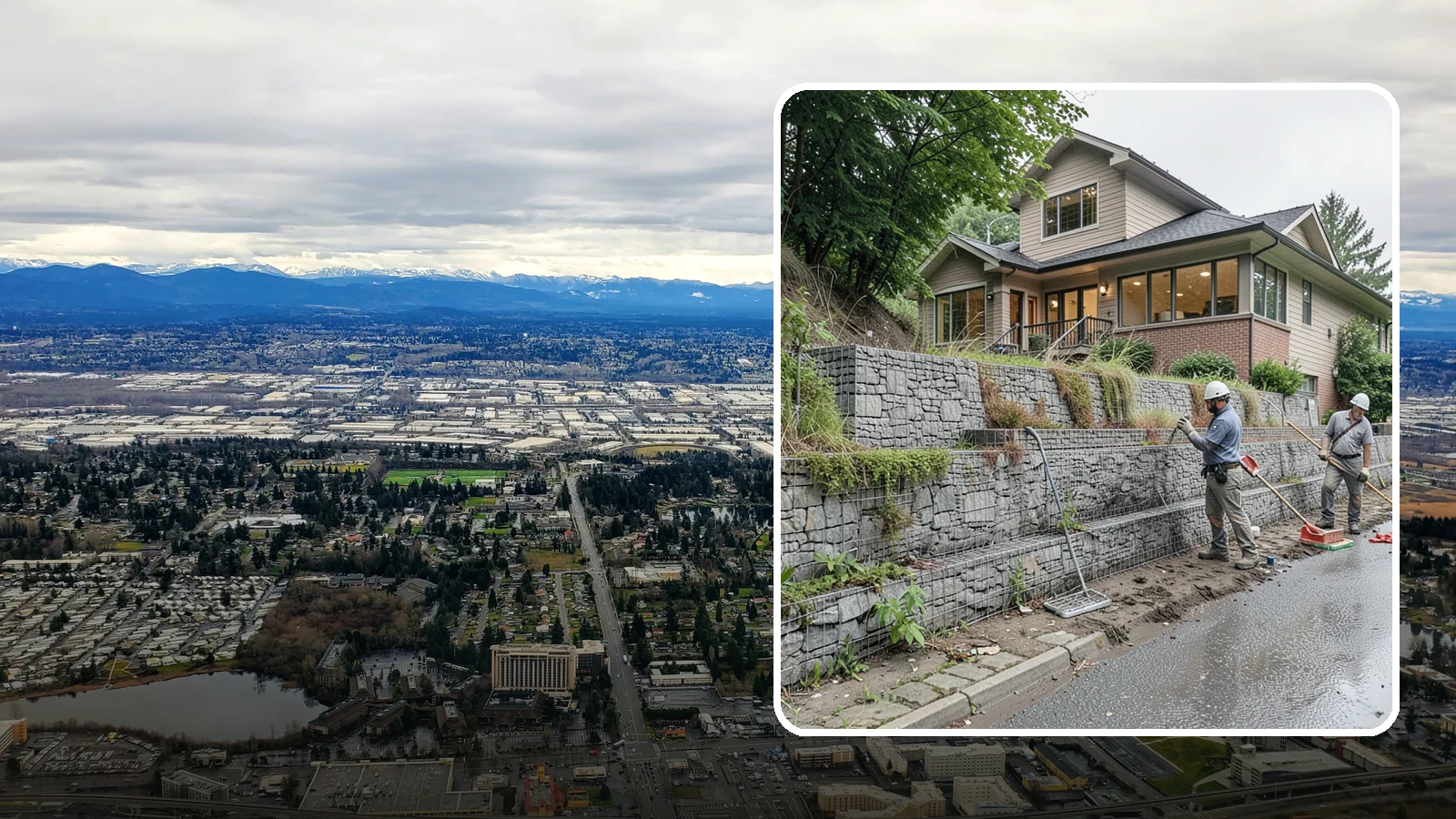 Gabion Retaining Wall in SeaTac, King County, WA - Filling wire cages with stone to create a permeable, flexible retaining wall well suited to wet, shifting soils.