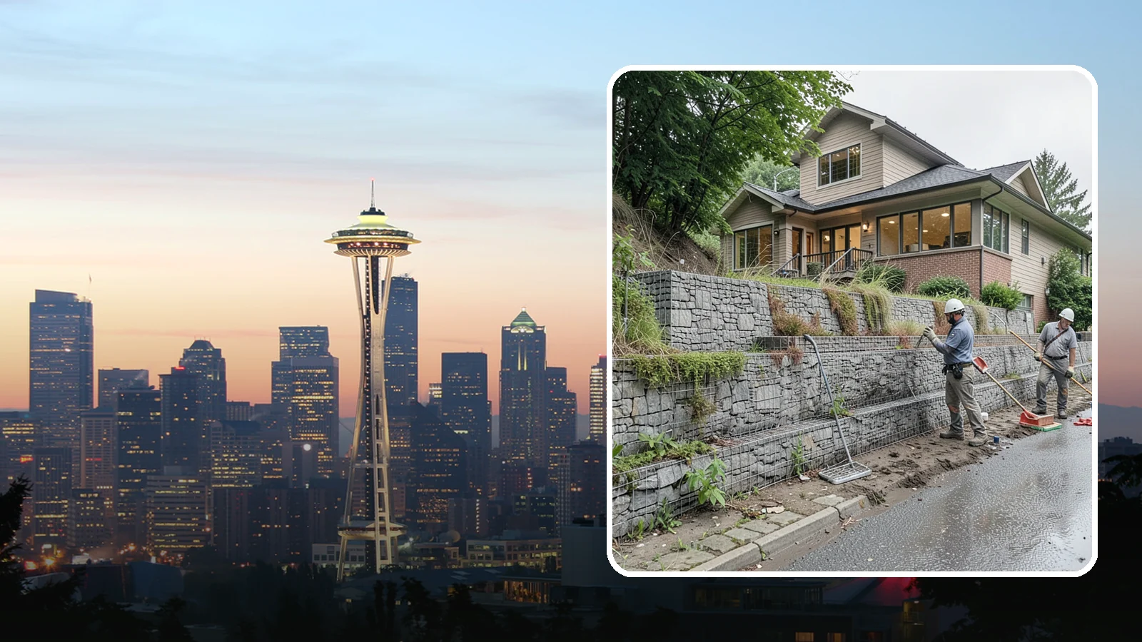Gabion Retaining Wall in Seattle, King County, WA - Filling wire cages with stone to create a permeable, flexible retaining wall well suited to wet, shifting soils.