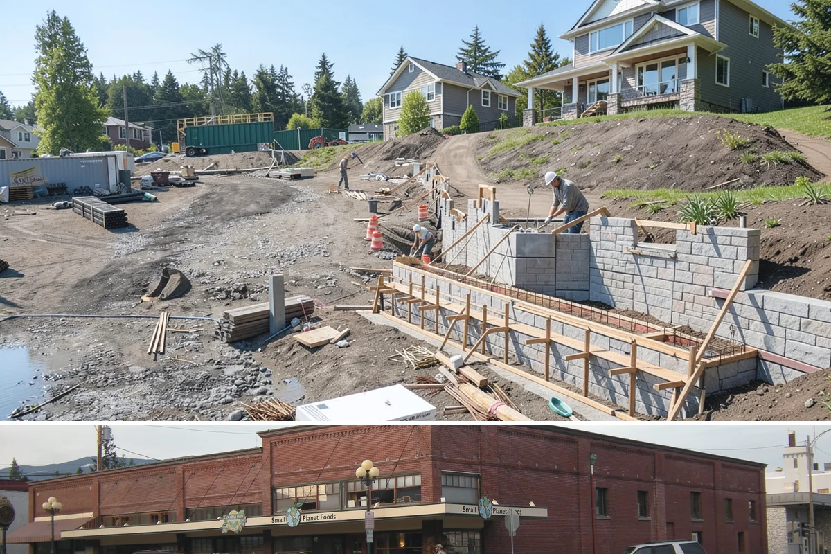 Gabion Retaining Wall in Sedro-Woolley, Skagit County, WA - Gabion walls tolerate damp conditions well, but base preparation is easiest in the drier months for solid compaction.