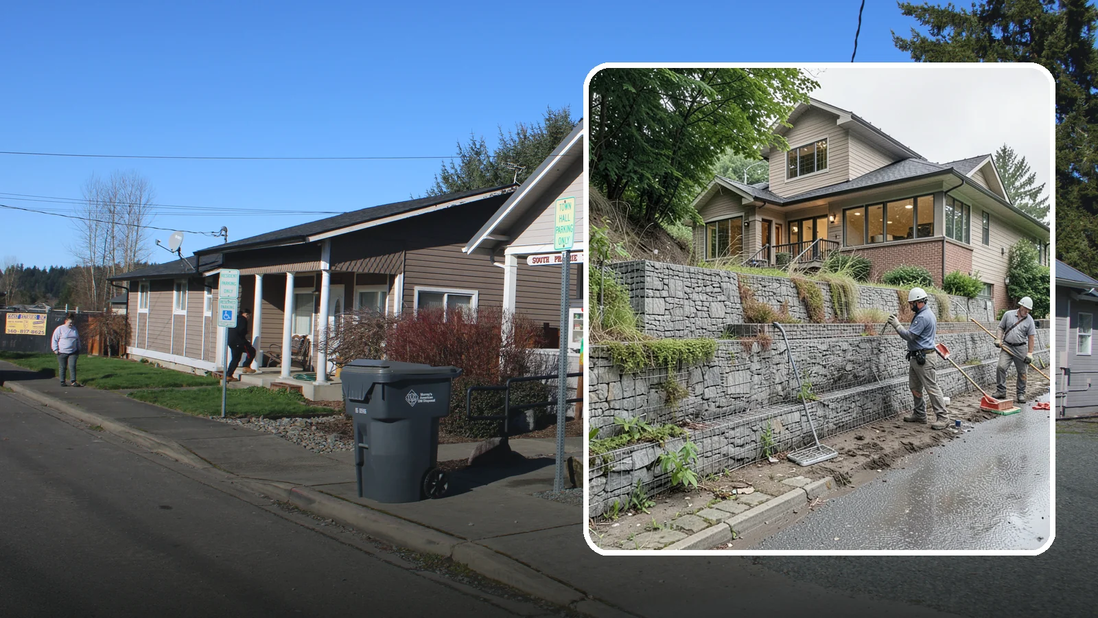 Gabion Retaining Wall in South Prairie, Pierce County, WA - Filling wire cages with stone to create a permeable, flexible retaining wall well suited to wet, shifting soils.