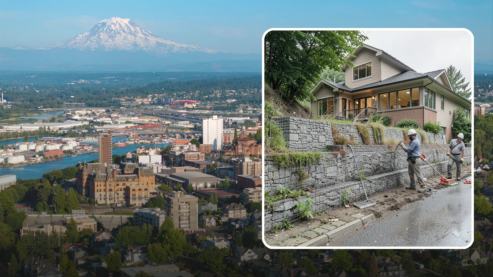 Gabion Retaining Wall in Tacoma, Pierce County, WA - Filling wire cages with stone to create a permeable, flexible retaining wall well suited to wet, shifting soils.