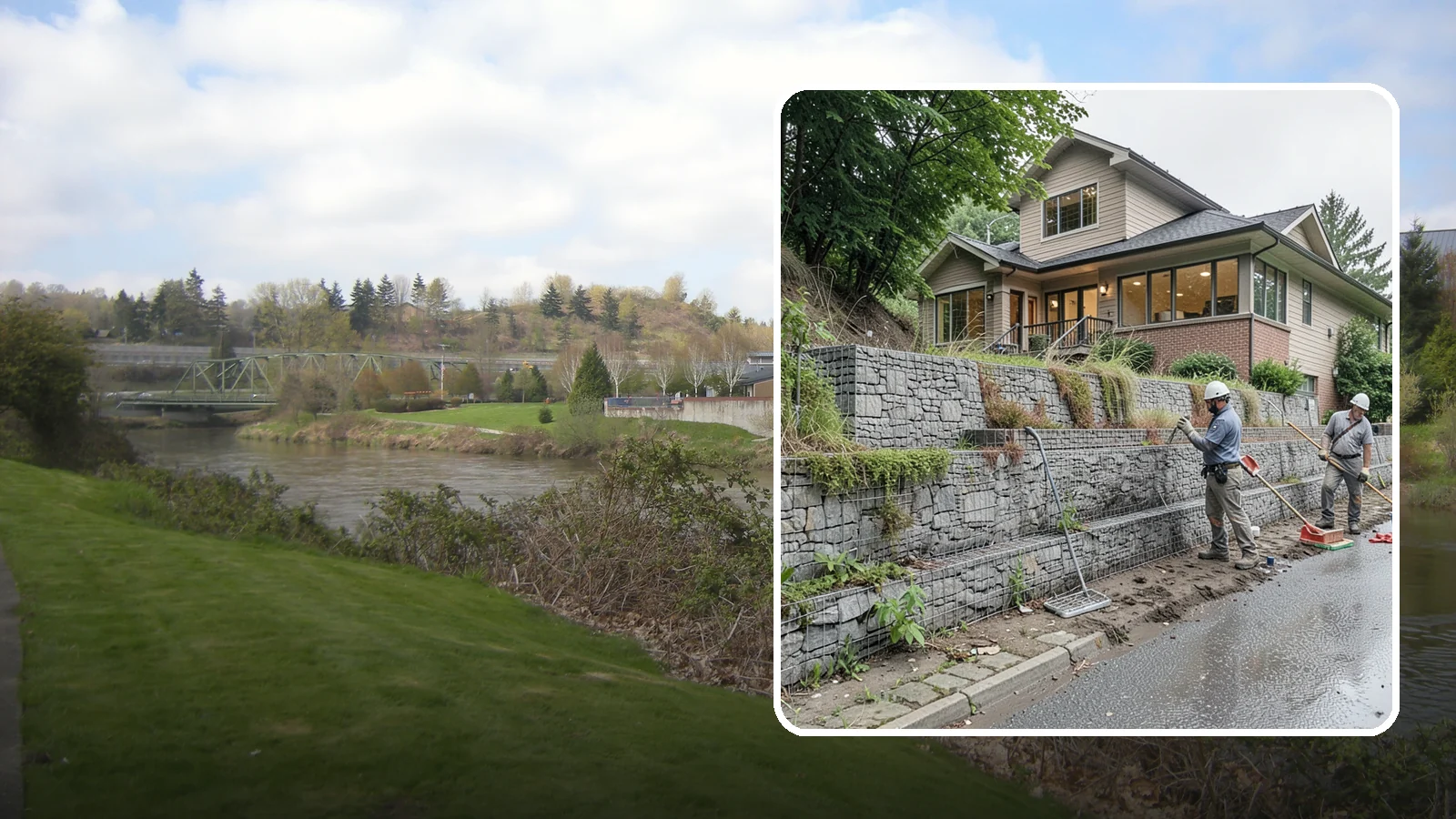 Gabion Retaining Wall in Tukwila, King County, WA - Filling wire cages with stone to create a permeable, flexible retaining wall well suited to wet, shifting soils.