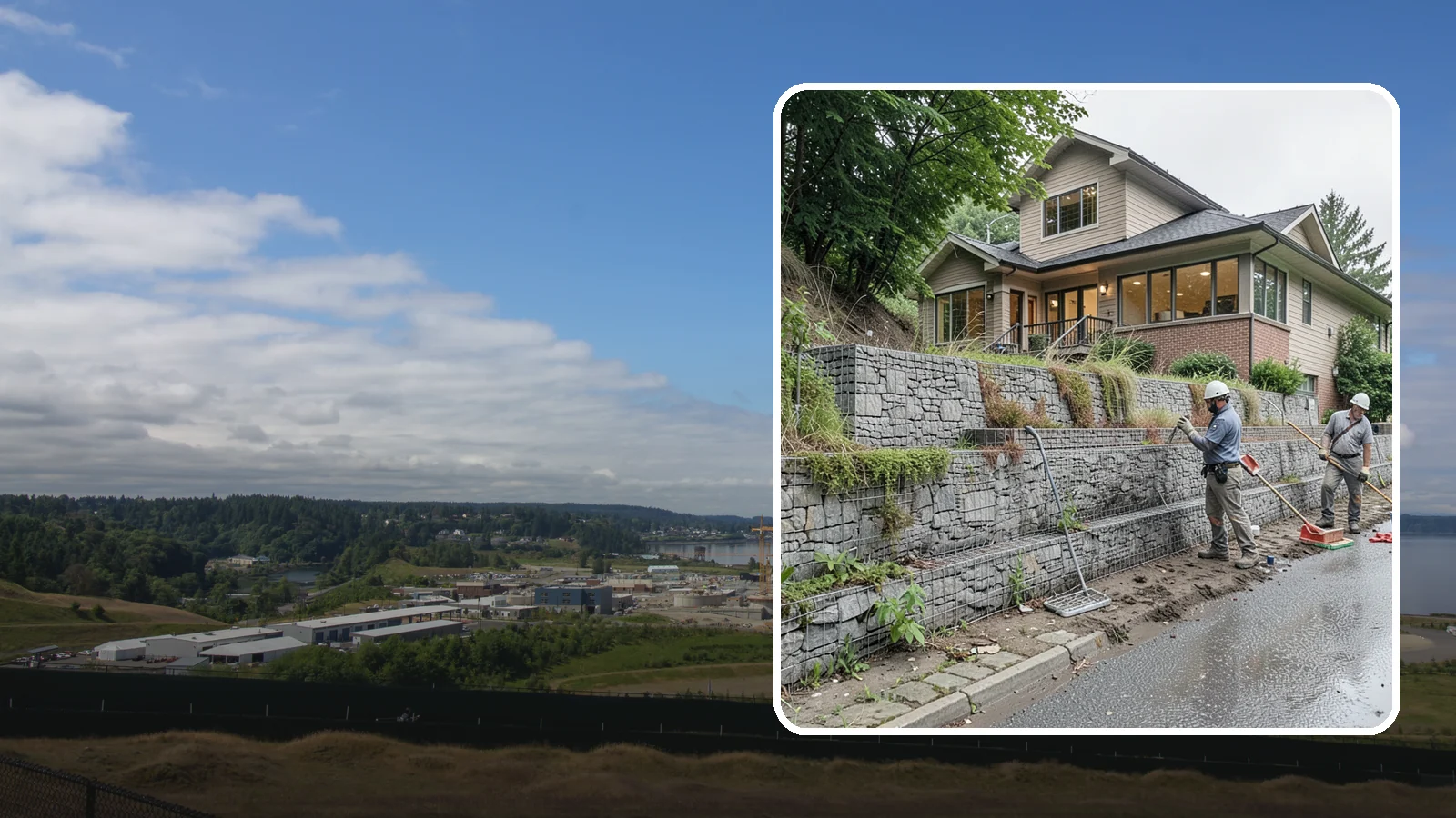 Gabion Retaining Wall in University Place, Pierce County, WA - Filling wire cages with stone to create a permeable, flexible retaining wall well suited to wet, shifting soils.
