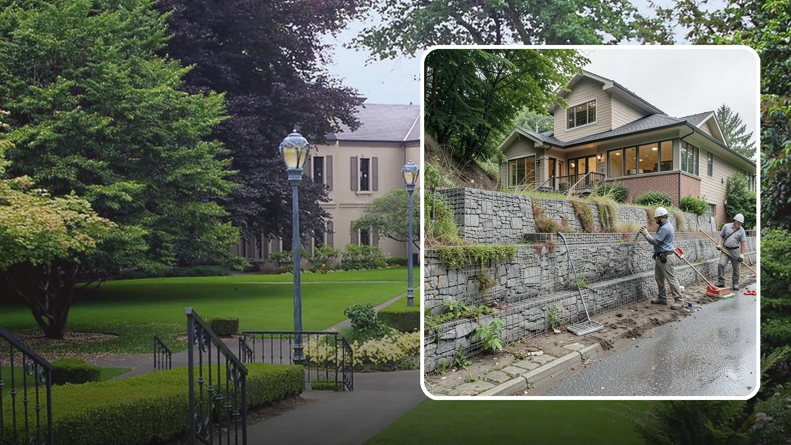Gabion Retaining Wall in Woodinville, King County, WA - Filling wire cages with stone to create a permeable, flexible retaining wall well suited to wet, shifting soils.