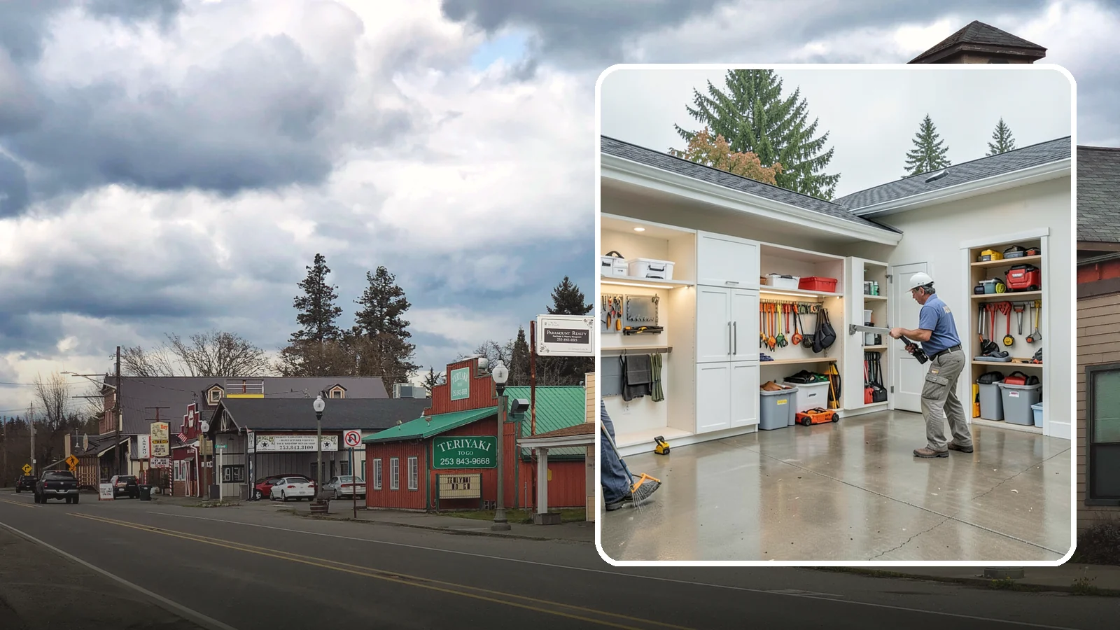 Garage Storage System in Roy, Pierce County, WA - Designing and installing organized storage systems that free up floor space and keep gear off damp concrete.