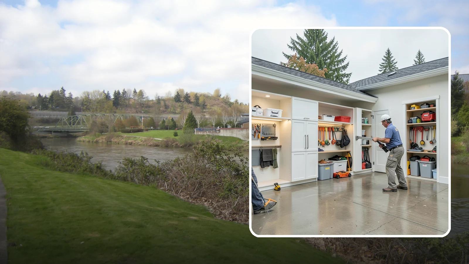 Garage Storage System in Tukwila, King County, WA - Designing and installing organized storage systems that free up floor space and keep gear off damp concrete.