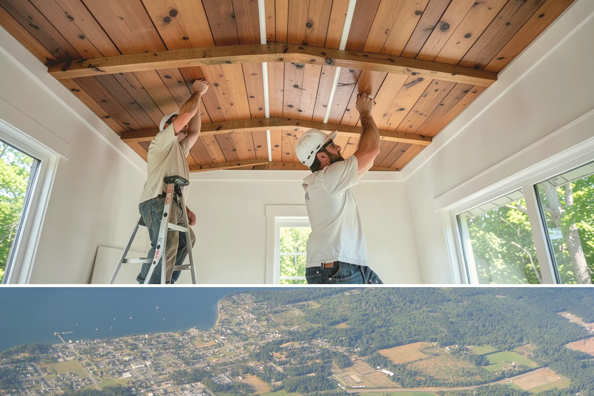House Wrap Installation in Coupeville, Island County, WA - House wrap can be installed in most conditions, but dry days ensure tapes and seals adhere fully.