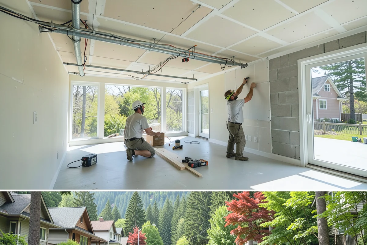 House Wrap Installation in Darrington, Snohomish County, WA - House wrap can be installed in most conditions, but dry days ensure tapes and seals adhere fully.
