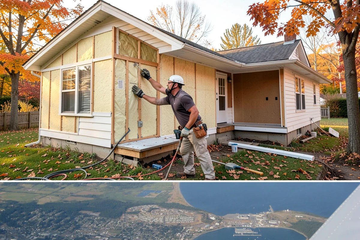 House Wrap Installation in Oak Harbor, Island County, WA - House wrap can be installed in most conditions, but dry days ensure tapes and seals adhere fully.