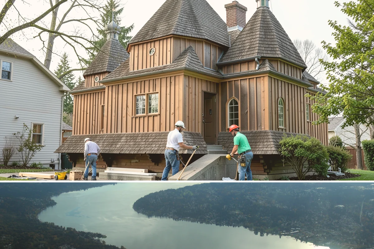 House Wrap Installation in Sammamish, King County, WA - House wrap can be installed in most conditions, but dry days ensure tapes and seals adhere fully.