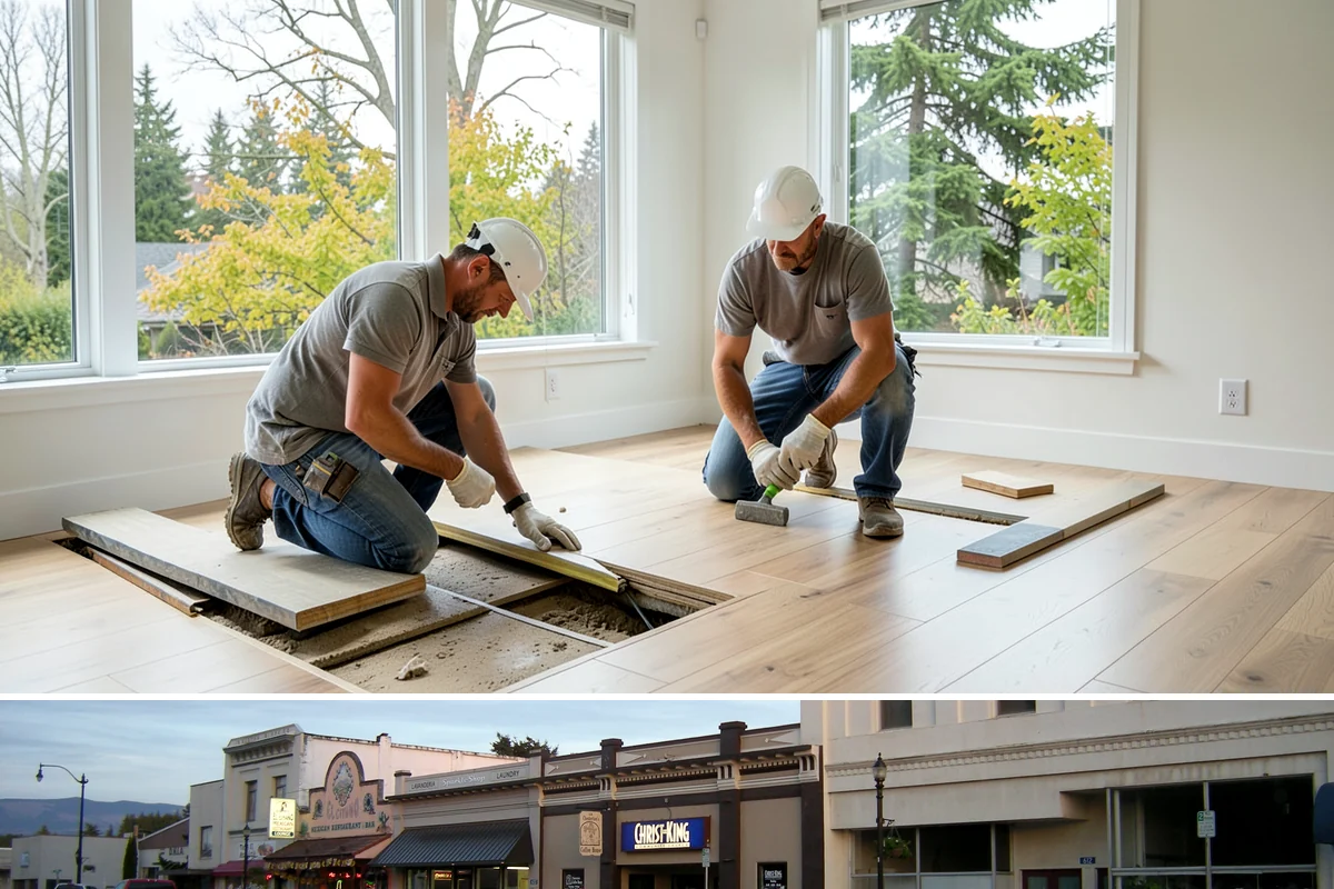 Joist Installation in Burlington, Skagit County, WA - We install joists in any season, prioritizing a fast subfloor cover during wet weather to protect the framing.