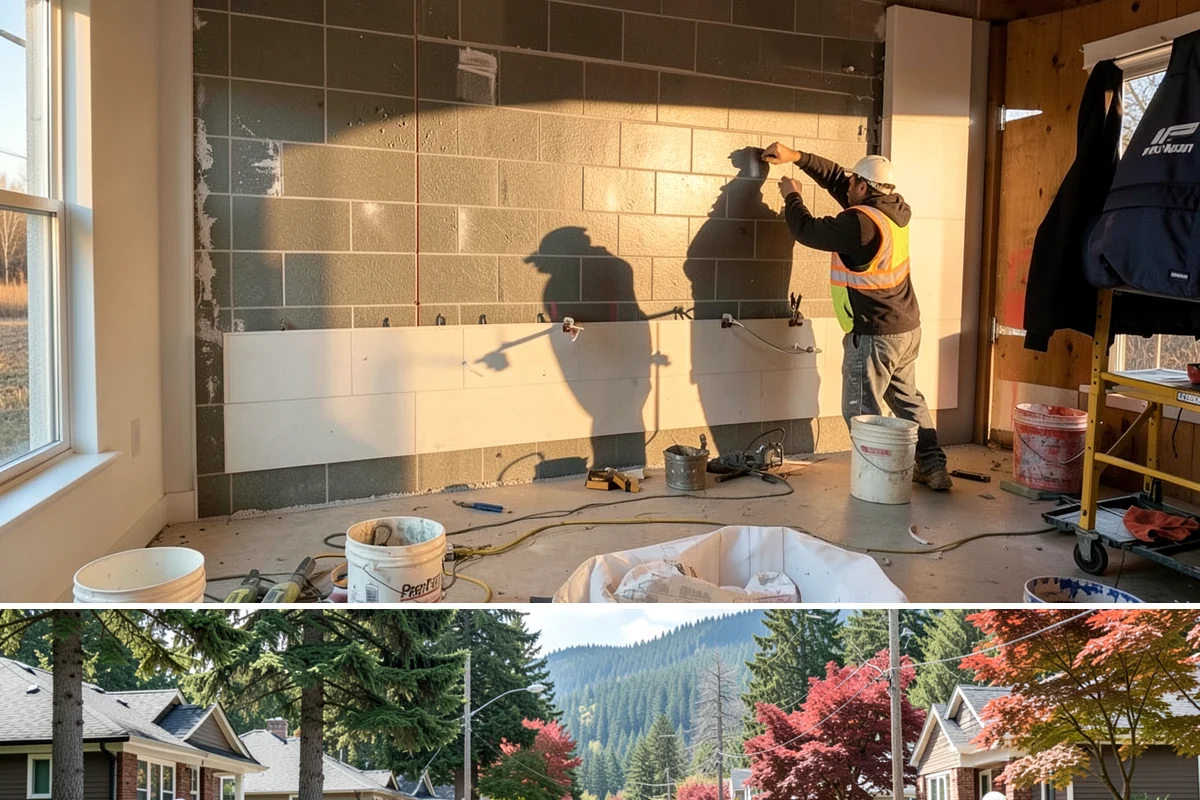 Joist Installation in Hunts Point, King County, WA - We install joists in any season, prioritizing a fast subfloor cover during wet weather to protect the framing.