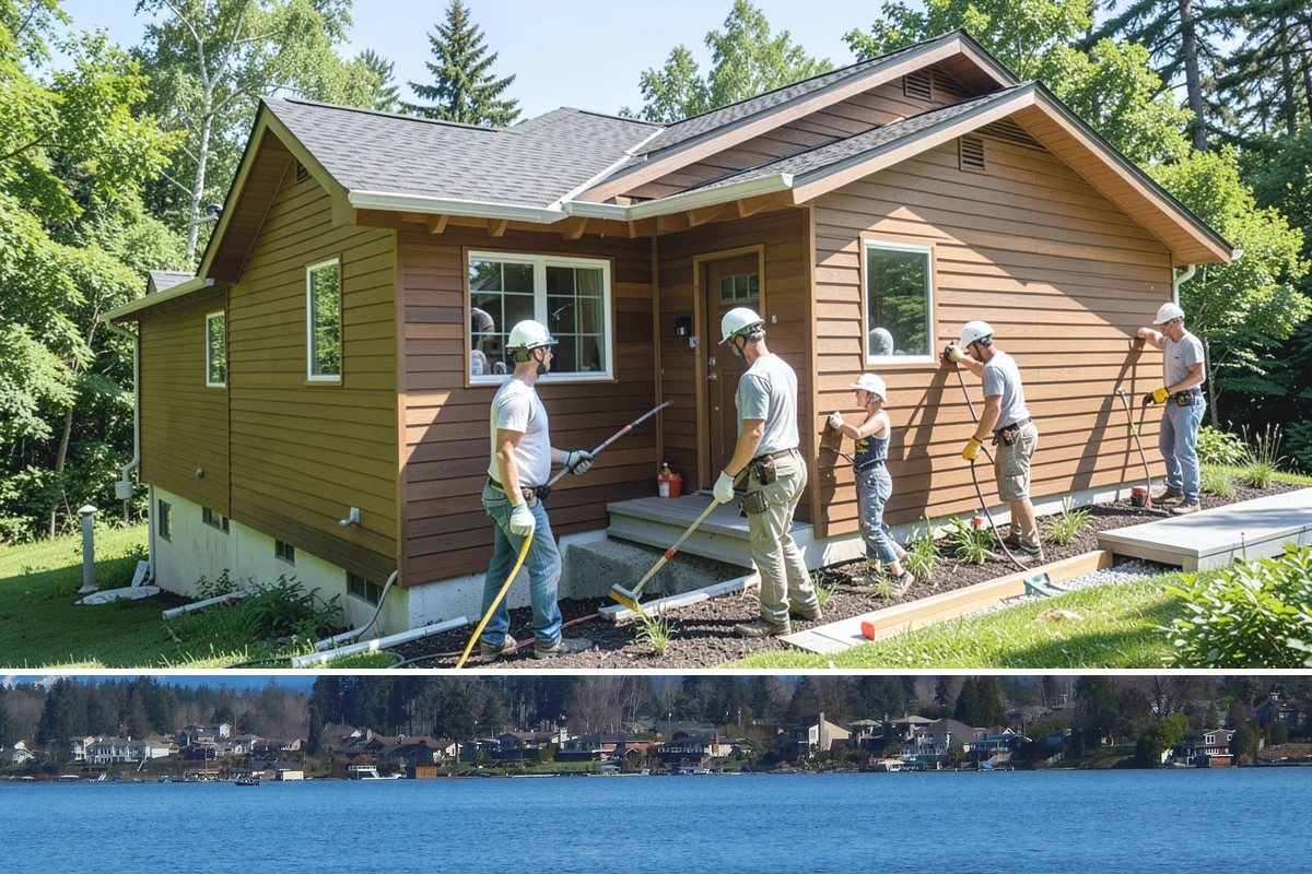 Log Siding Installation in Lake Stevens, Snohomish County, WA - Dry summer months allow stains and sealers to cure fully before the wet season sets in.
