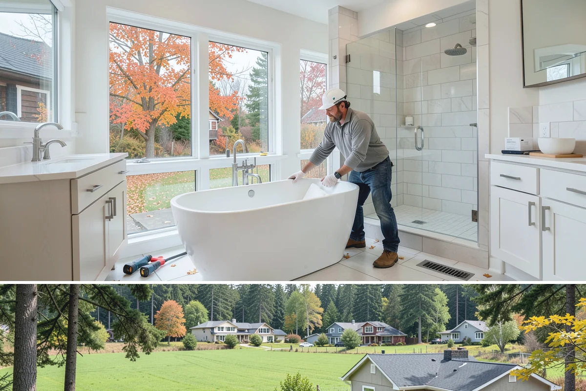 Luxury Home Construction in Lyman, Skagit County, WA - Intricate exterior stone, glass, and roofing go best in the stable summer window, so we plan those phases for dry months.