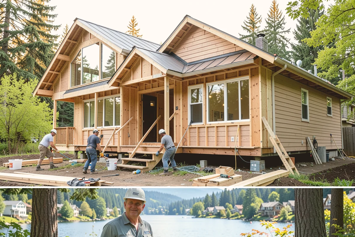 Luxury Home Construction in Milton, King County, WA - Intricate exterior stone, glass, and roofing go best in the stable summer window, so we plan those phases for dry months.