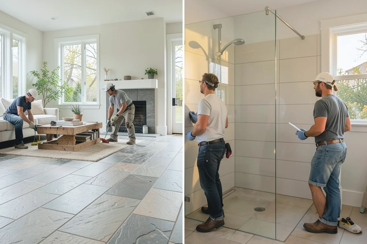Marble Flooring Installation in Beaux Arts Village, King County, WA - Lay out slabs to align veining