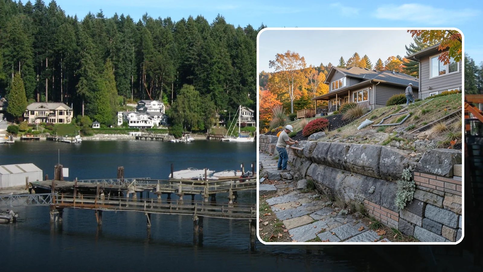Masonry Retaining Wall in Gig Harbor, Pierce County, WA - Engineered masonry retaining walls that hold back slopes and manage water on Puget Sound's hilly lots.