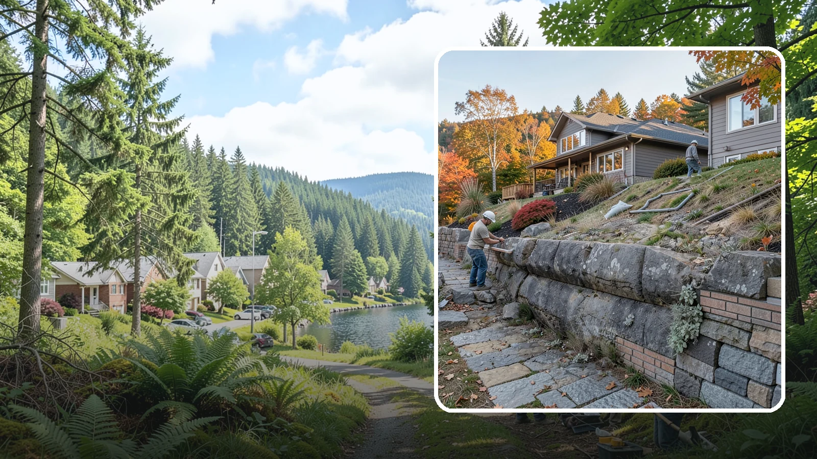 Masonry Retaining Wall in Lake Forest Park, King County, WA - Engineered masonry retaining walls that hold back slopes and manage water on Puget Sound's hilly lots.